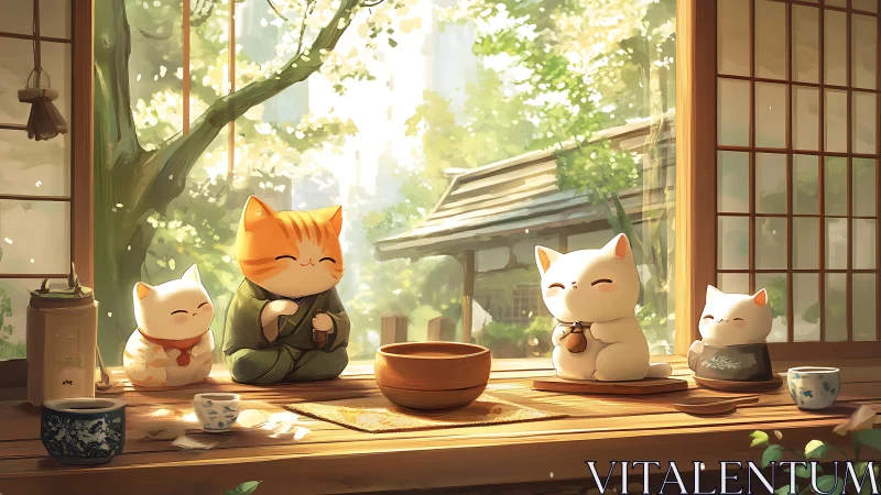Serene Gathering: Lucky Cat Companions Bask in Golden Afternoon Light
