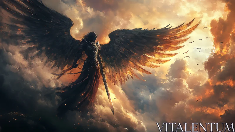 Dark winged archangel cuts through burning storm clouds.