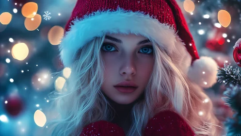 Young woman in Santa hat against soft Christmas lights.