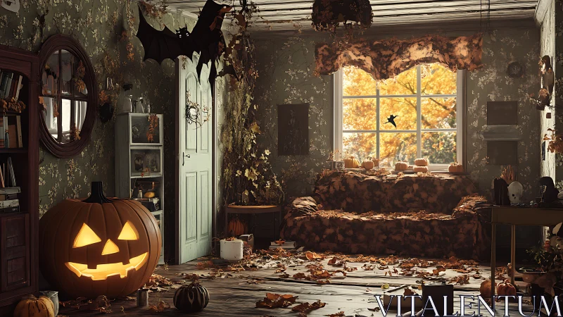 Interior living room displays staged Halloween autumn decor