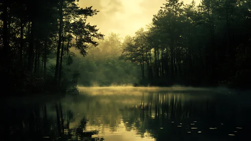 Soft sunrise mist drifting over a quiet forest lake.