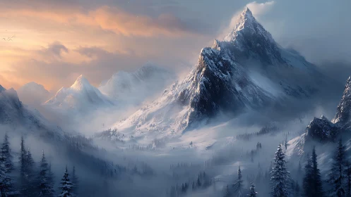 Snow covered mountain ridge rises through mist at sunrise