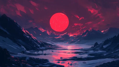 Crimson supermoon dominates frozen alien valley horizon