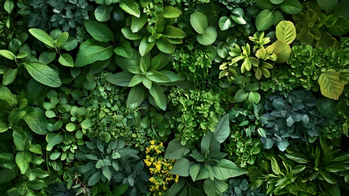 Lush Green Foliage Wall with Diverse Leaves, Natural Style.