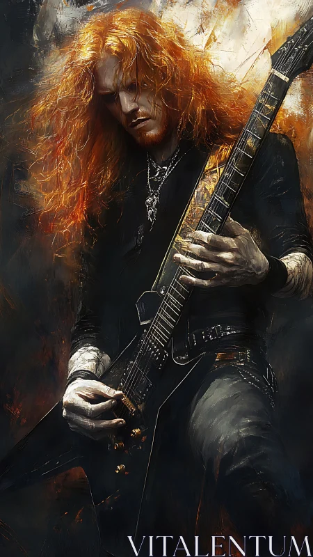 Long-haired guitarist plays angular electric guitar onstage