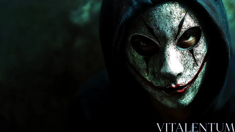 Hooded figure wears cracked white mask with sinister smile