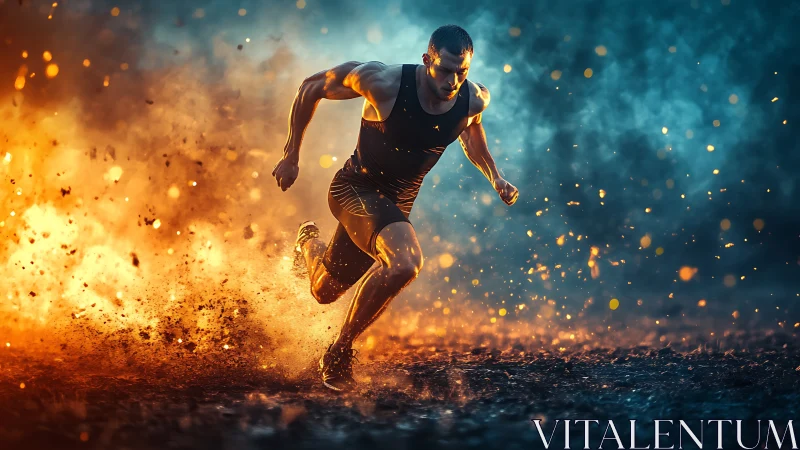 Sprinter accelerates through fiery ground and cool smoke