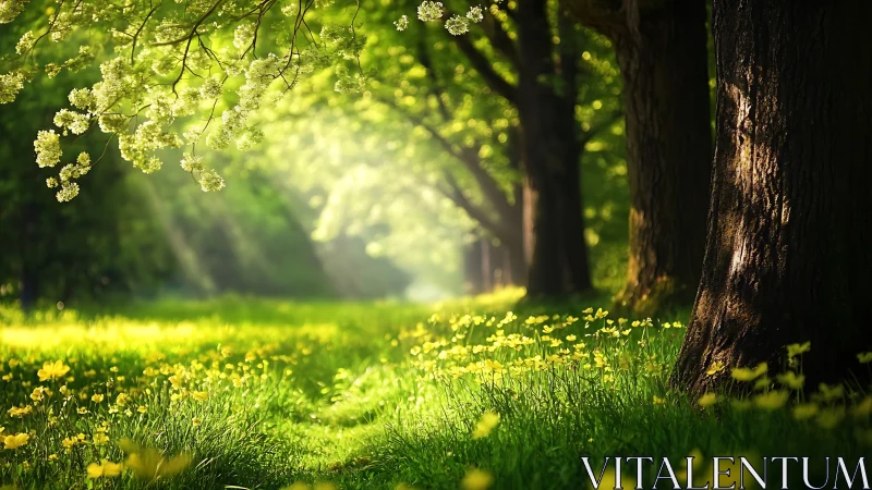 Sunlit forest path with blooming flowers in springtime, nature scene.
