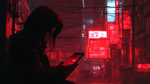 Hooded figure hacks a smartphone in neon red cyberpunk alley