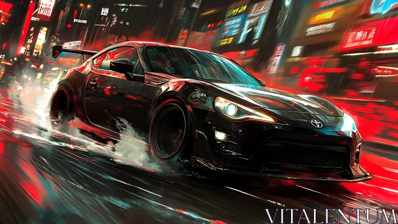 Black sports car drifts through wet neon city street at night