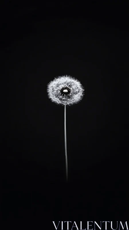 Single dandelion seed head stands isolated on black background