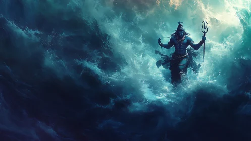 Ocean deity strides through storm waves with glowing trident.