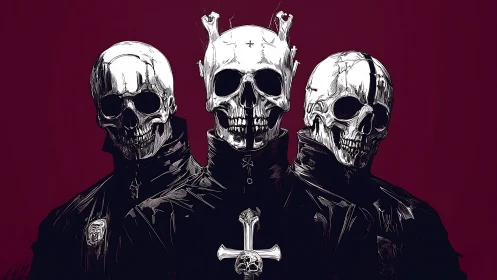 Trio of skeletal clerics in black cassocks, crimson backdrop