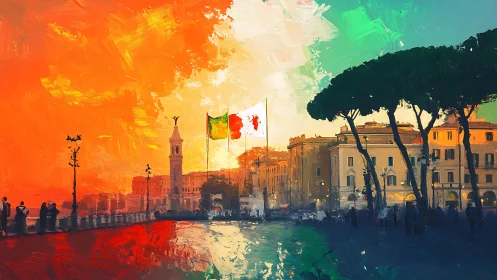 Vibrant Italian city square glows in tricolor sunset light