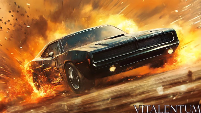 Muscle car bursting through blazing flames in high-octane style.