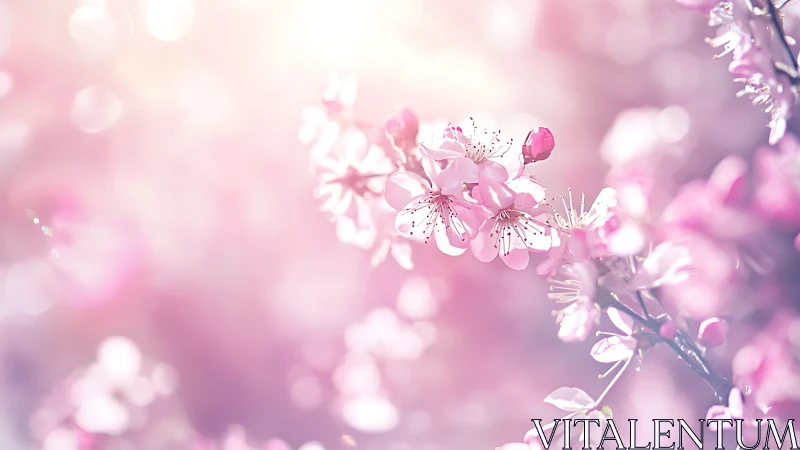 Selective focus captures soft pink blossom branch in diffuse light