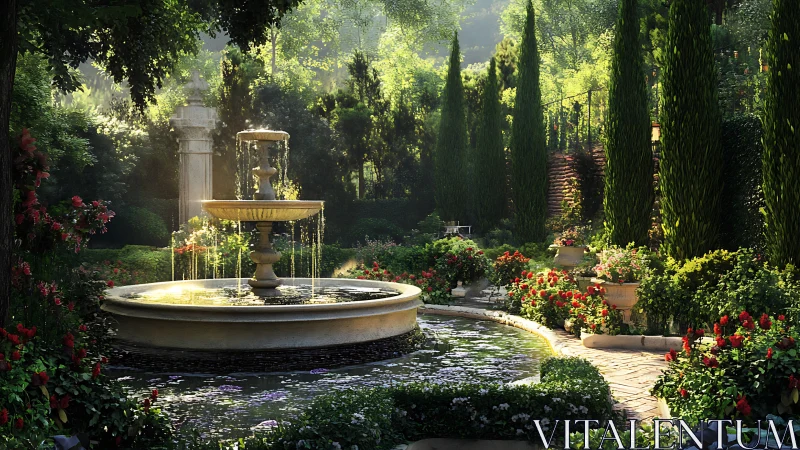 Sunlit garden fountain welcomes quiet moments of calm