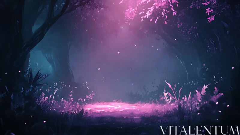 Forest clearing with bioluminescent flora under atmospheric lighting