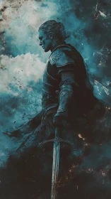 Armored warrior with sword in turbulent blue clouds.