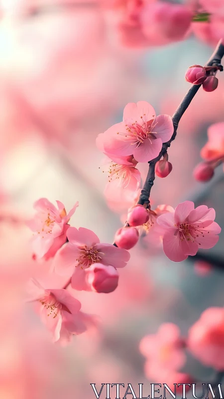Soft Focus Cherry Blossom Branch in Pink Floral Bloom.