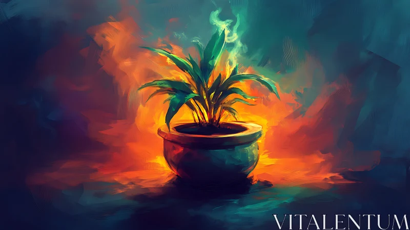 Luminous potted plant amid blazing abstract color field.