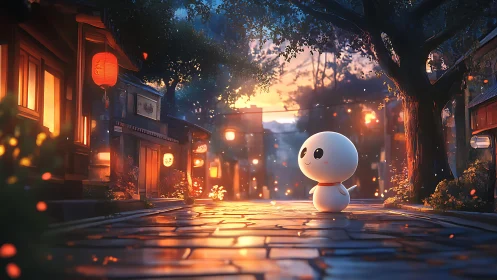 Lantern-lit village stroll with a glowing chibi wanderer.