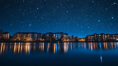 Lakeside apartments under a star-dense nocturnal sky reflect calmly