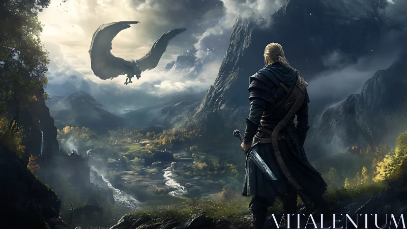 Armored swordsman observing airborne dragon over alpine valley.