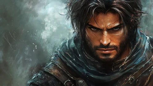 Brooding warrior portrait in stormy digital painting style.