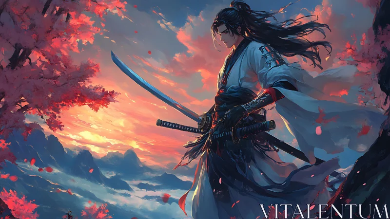 Lone swordsman greets a glowing sunset among cherry trees