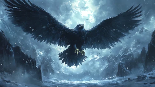 Giant black bird with extended wings over icy mountain pass.