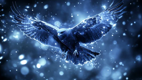 Majestic eagle soaring in glowing blue fantasy digital art.