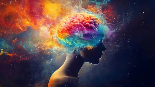 Cosmic silhouette with radiant brain and nebulous energy field.