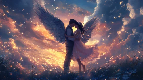 Winged couple embracing against illuminated clouded sky.