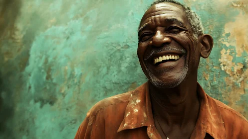 Joyful elderly man laughs against weathered teal wall.