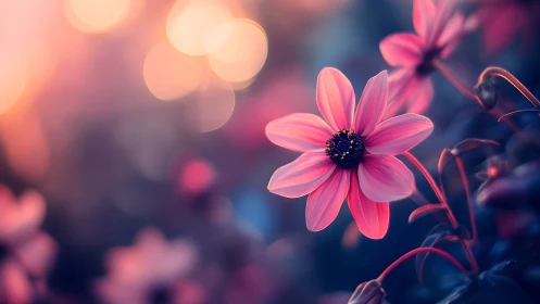 Pink Cosmos Flower Illuminated by Golden Bokeh Light.