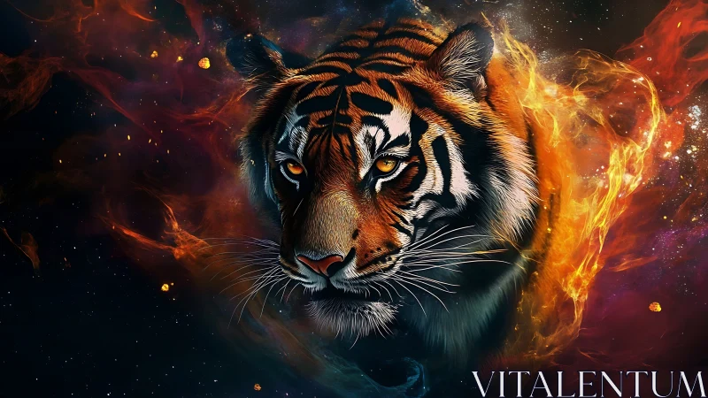 Fiery cosmic tiger head emerging from dark starry void.