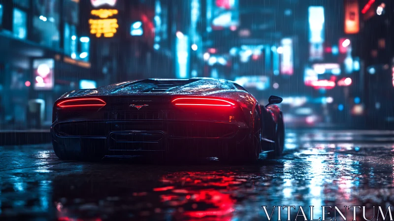 Sleek red supercar glowing softly in a rainy neon city night.