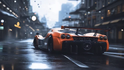 Orange track car on wet urban street at dusk.