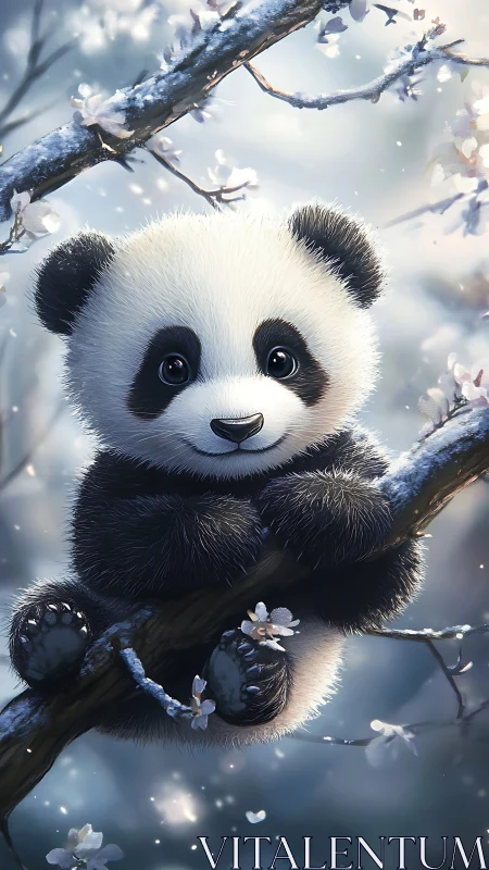 Snowflake dreamer panda cuddles blossoms in moonlit boughs.