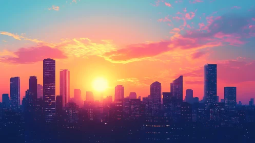 Neon sunset washes a modern city skyline in radiant light.