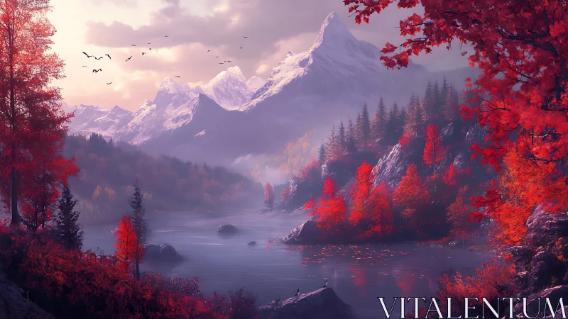 Mountain lake landscape depicts autumn forest and distant peaks