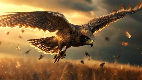 Majestic hawk in flight at sunset, dramatic realism digital art.