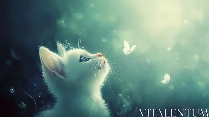Moonlit kitten trades secrets with wandering pale butterflies