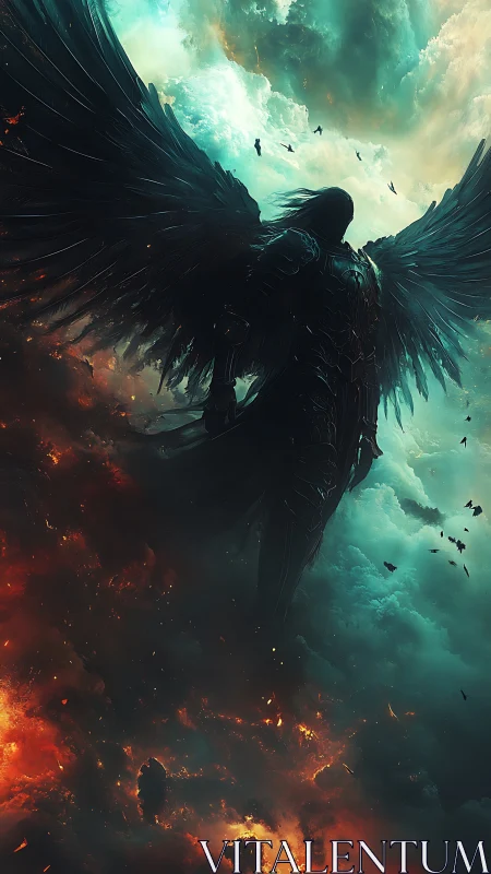 Stormlit Fallen Seraph Rising Above Embered Skies.
