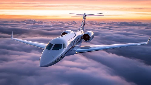 Luxury private jet cruising above clouds at sunrise.