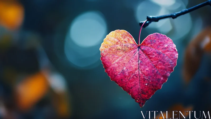 Heart-shaped autumn leaf glows softly against cool bokeh