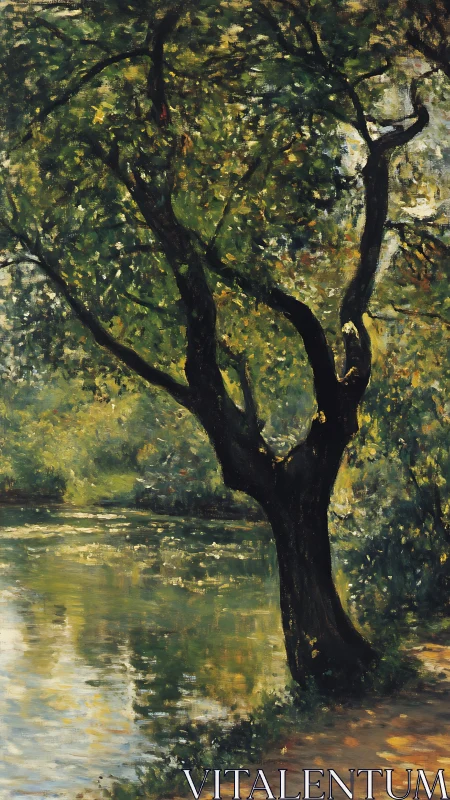 Riverside tree casts dappled light across tranquil water.