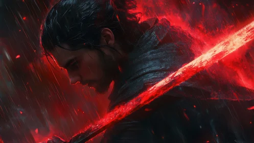 Warrior in red stormlight pausing before the next strike.