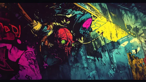 Urban wall mural depicts two masked figures in neon colors